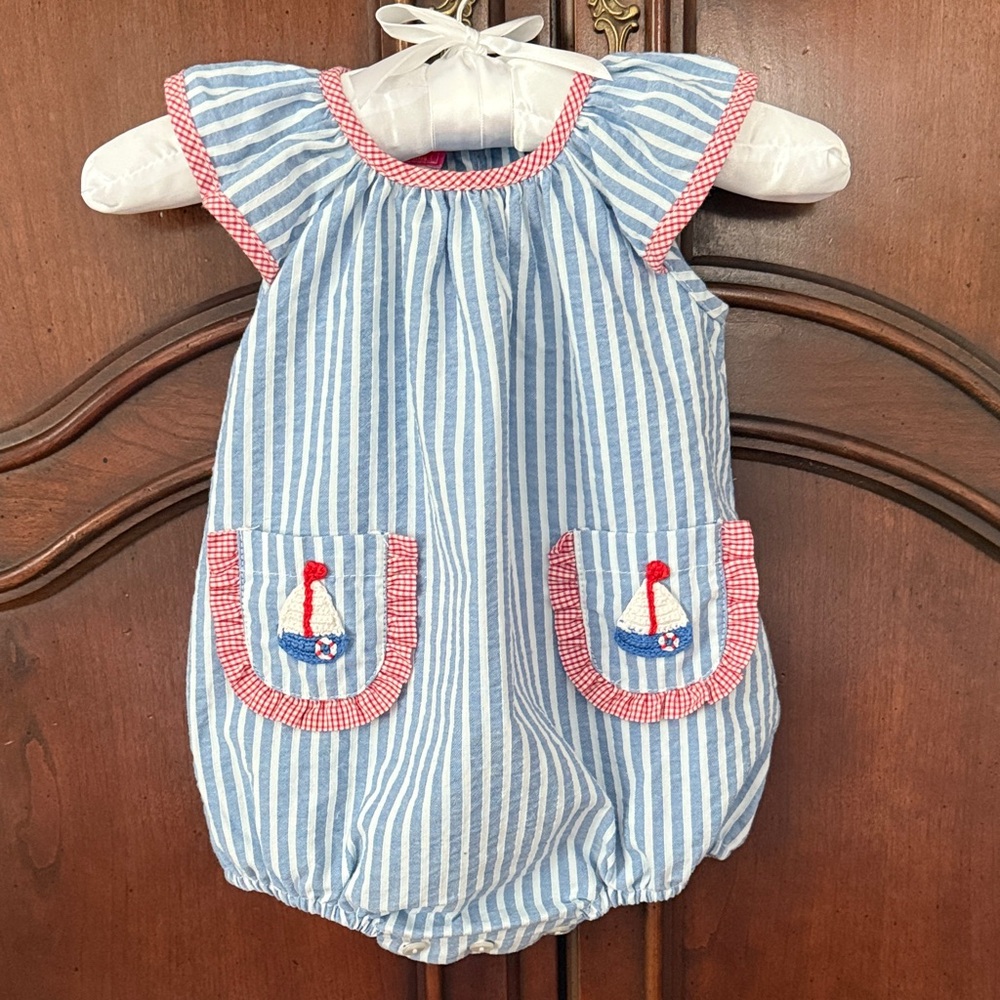 Claire & Charlie Baby 6M Nautical Bubble Romper Sailboat Blue Stripe Outfit